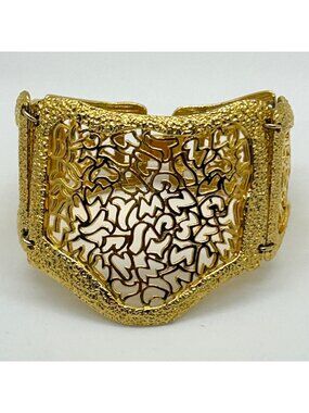 Vintage Statement Panel Bracelet Open Gold-tone Filigree Lace Ornate Brutalist
